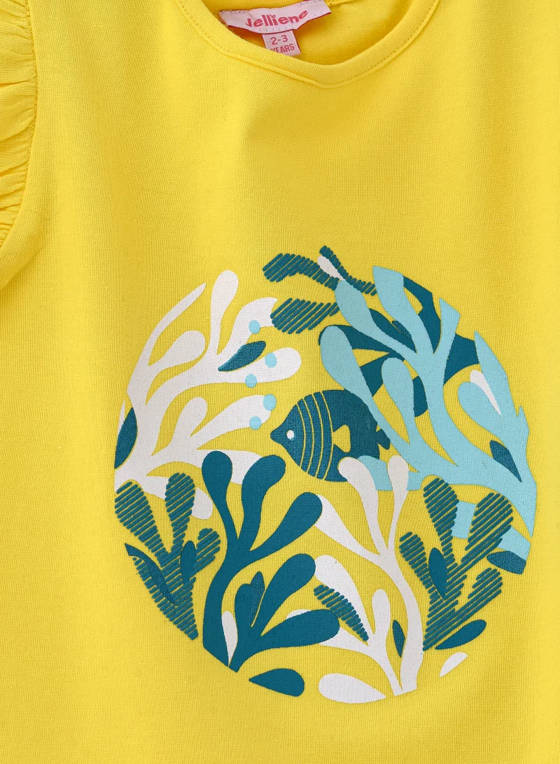 Jelliene Vibrant Yellow Leafy Circle Cotton Tee for Girls
