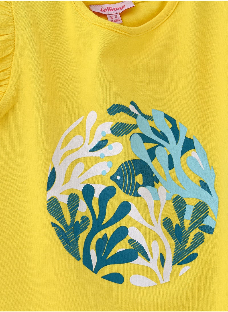 Jelliene Vibrant Yellow Leafy Circle Cotton Tee for Girls  - Image 3