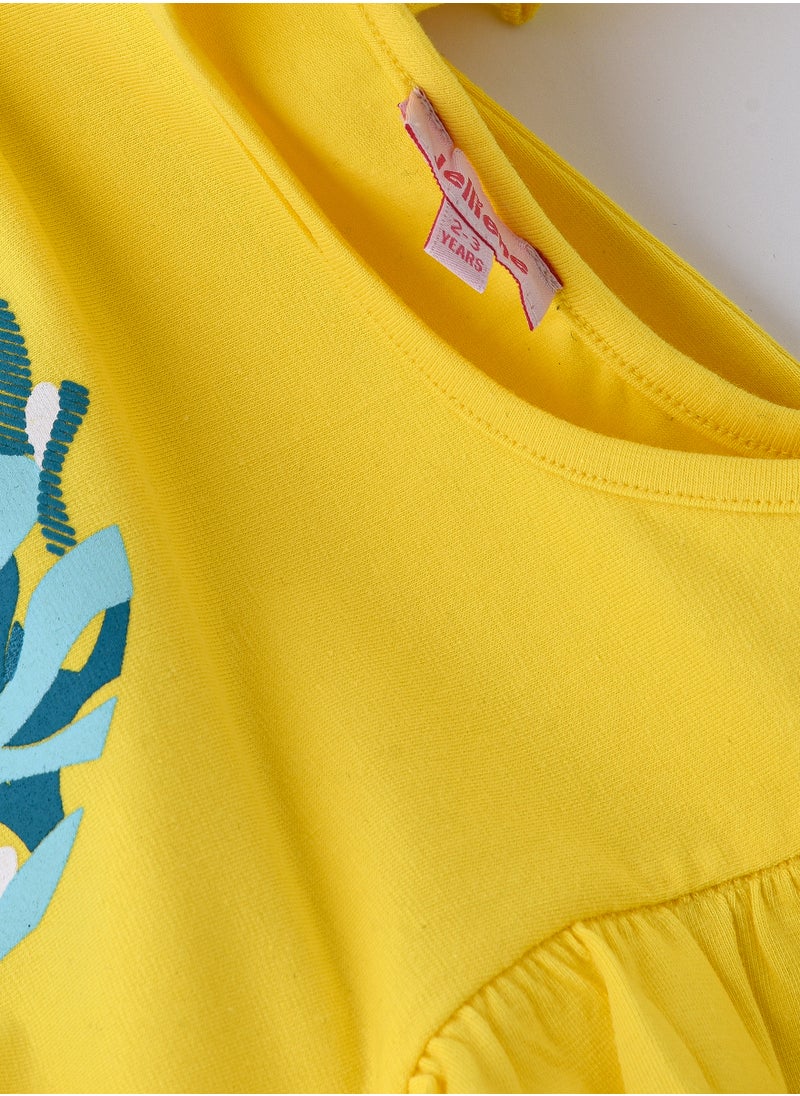 Jelliene Vibrant Yellow Leafy Circle Cotton Tee for Girls  - Image 4