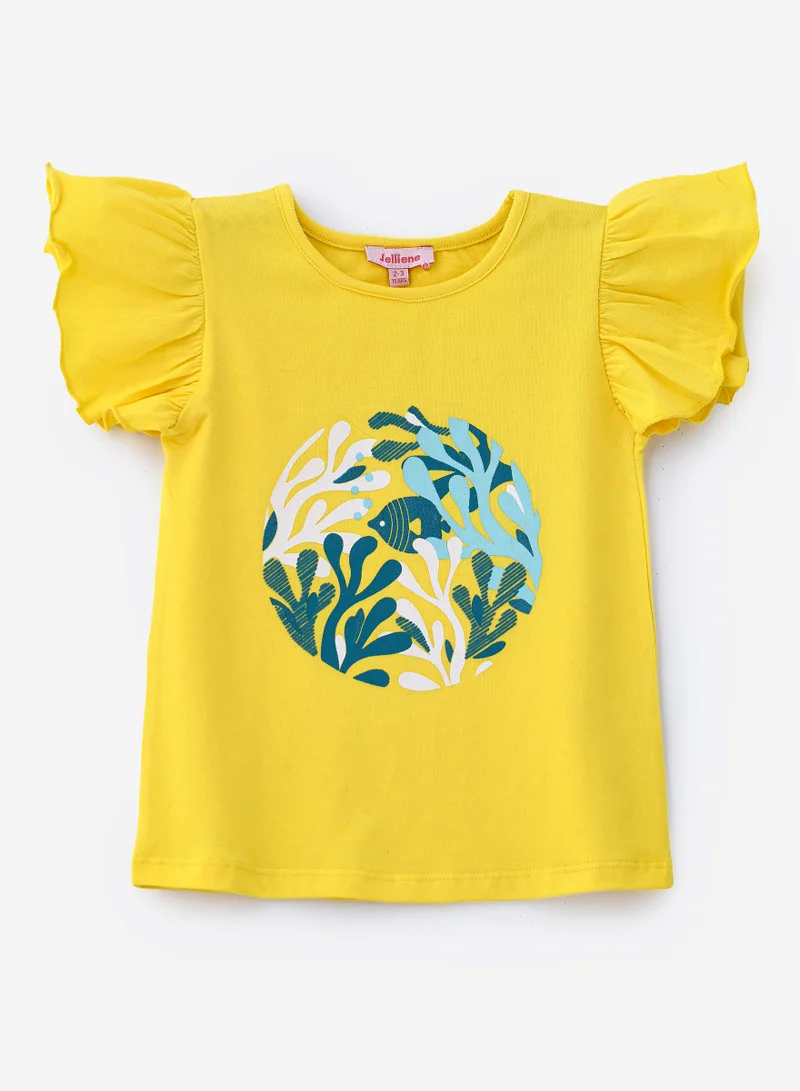 Jelliene Vibrant Yellow Leafy Circle Cotton Tee for Girls