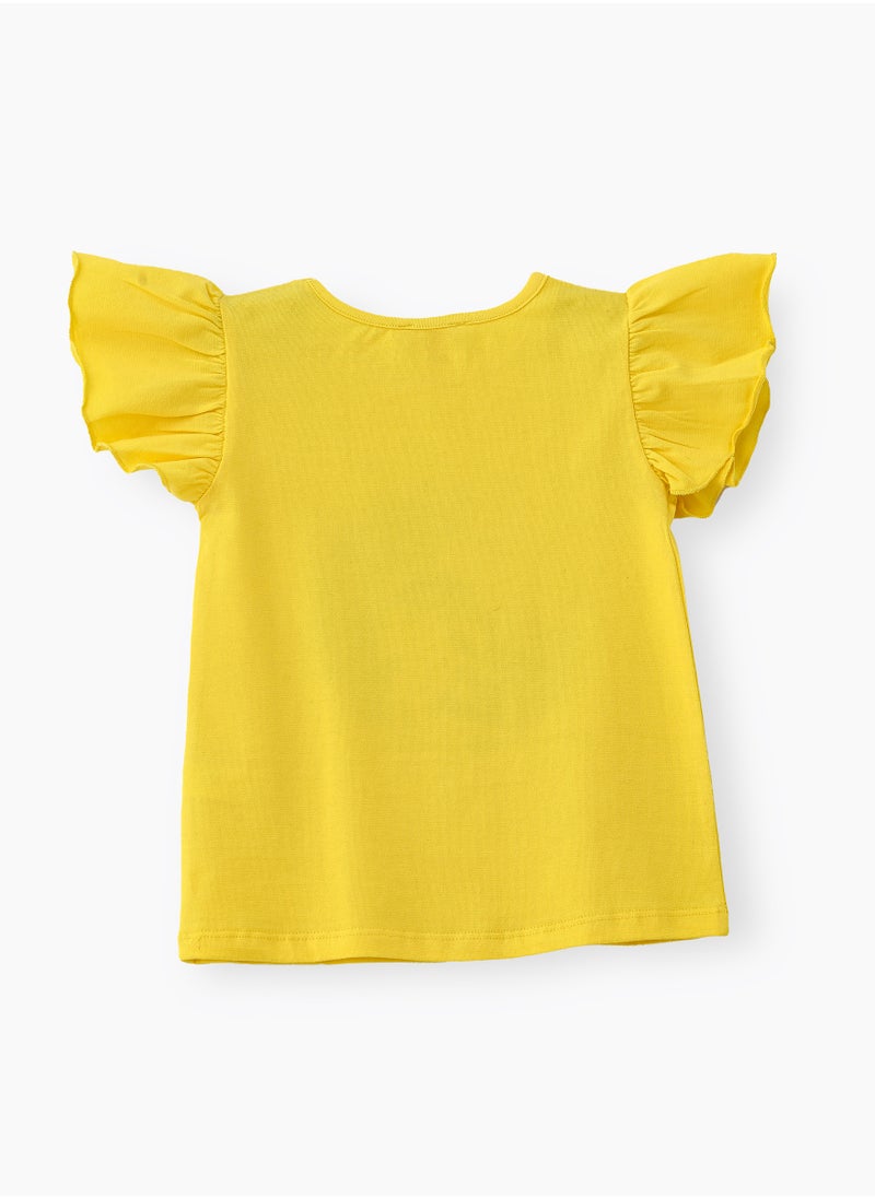 Jelliene Vibrant Yellow Leafy Circle Cotton Tee for Girls  - Image 2
