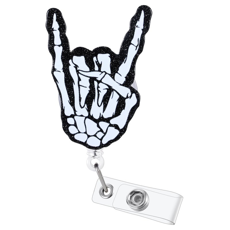 BEZTN Rock On Sign Bones Funny Badge Reel, Fun Retractable ID Card Badge Holder, Name Tag Work Badge Clip for Radiology Rad Tech RT Nurses Radiation Workers, Cool Nurse & Tech Halloween Gifts - Image 1