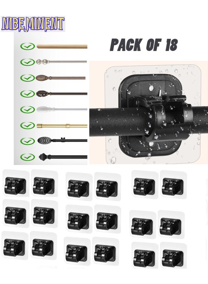 NIBEMINENT 18-Piece Self Adhesive Curtain Rod Bracket, No Drill Drapery Hooks Holder, Plastic Easy Sticky Curtain Rod Hooks for Kitchen, Bathroom, Hotel (black)  - Image 1