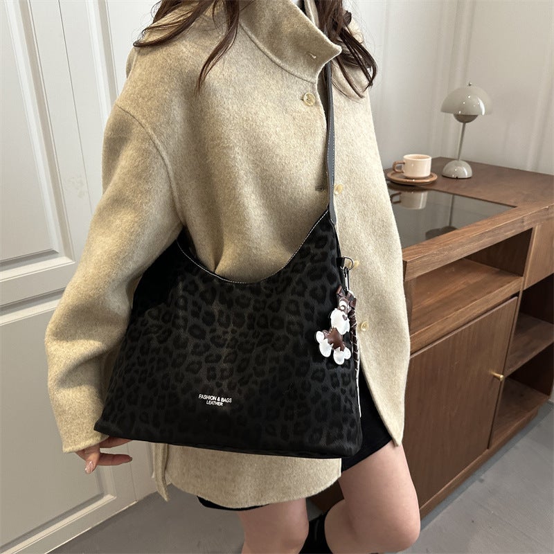 Women's Suede Leopard Print Large Capacity Tote Bag Casual Commuter Shoulder Handbag - Image 2