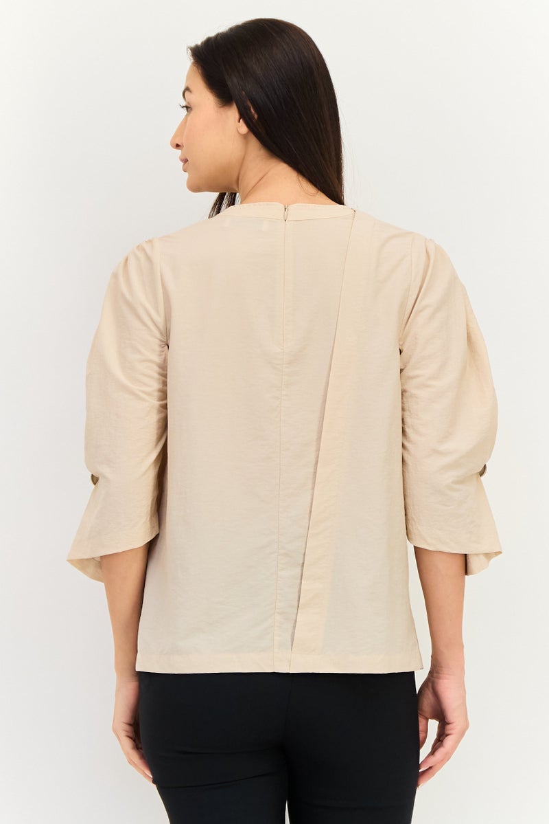 Selected Femme Women Crew Neck 3/4 Sleeve Solid Blouse, Beige - Image 4