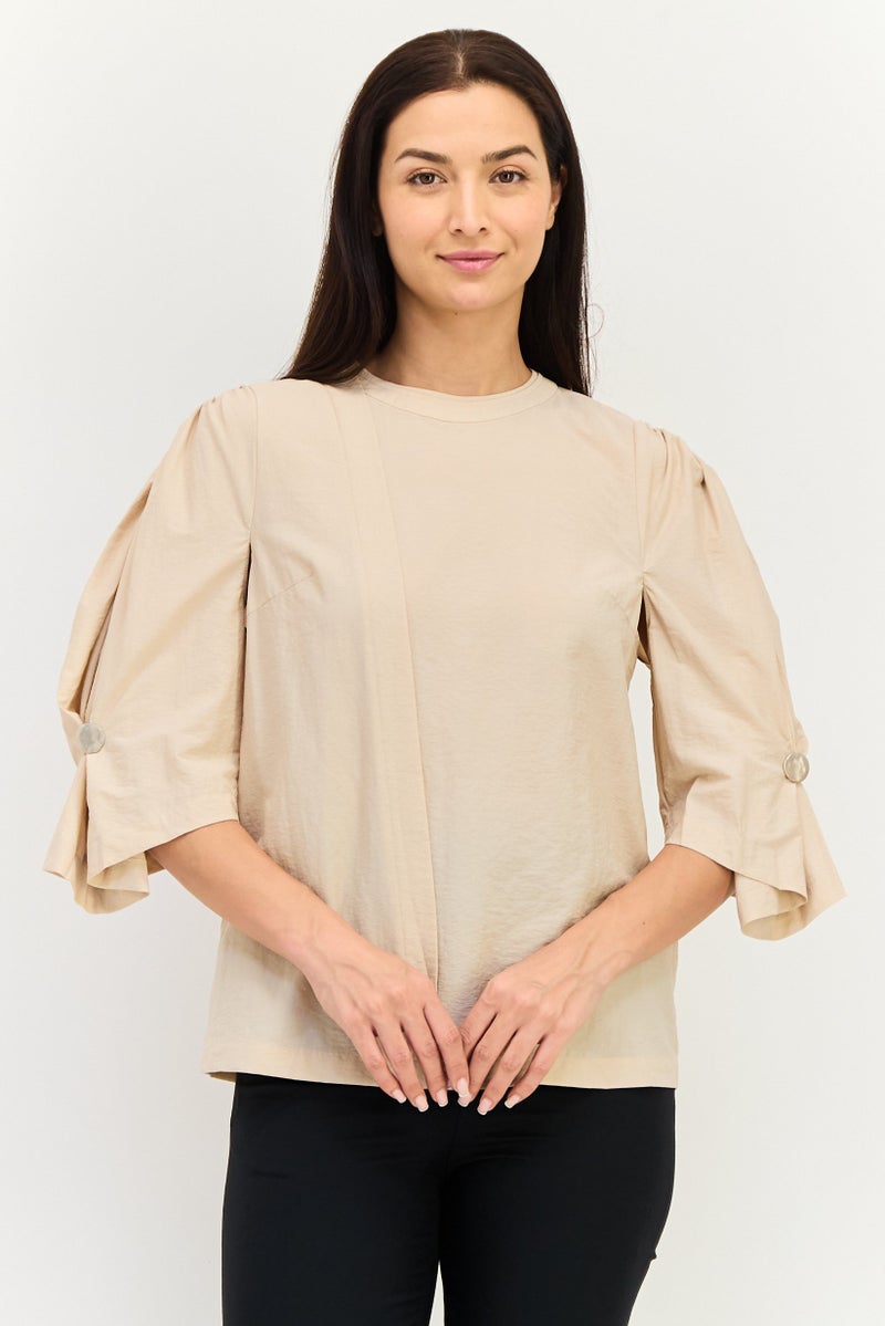 Selected Femme Women Crew Neck 3/4 Sleeve Solid Blouse, Beige - Image 1