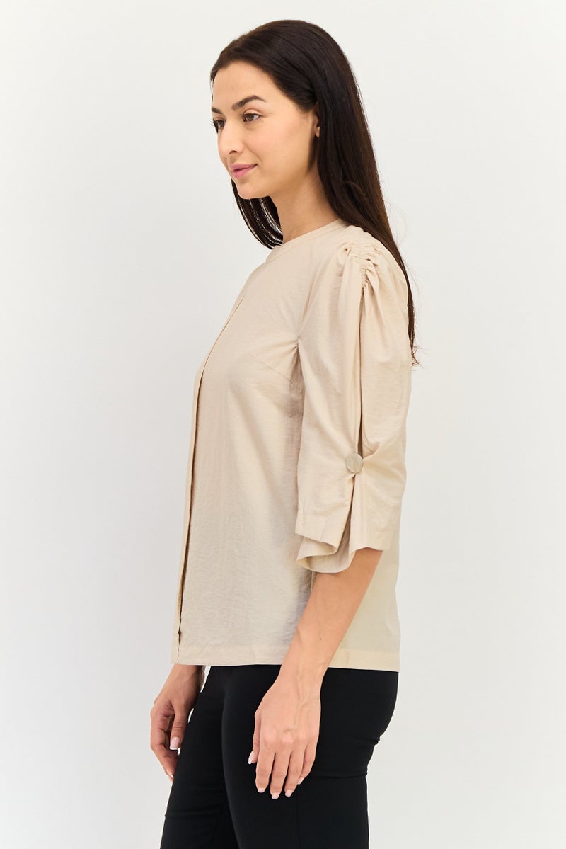 Selected Femme Women Crew Neck 3/4 Sleeve Solid Blouse, Beige - Image 2