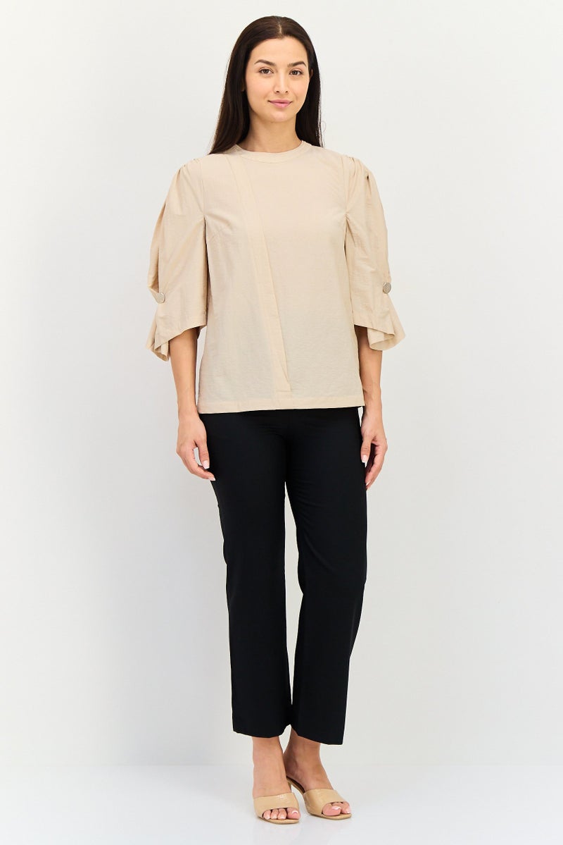 Selected Femme Women Crew Neck 3/4 Sleeve Solid Blouse, Beige - Image 3