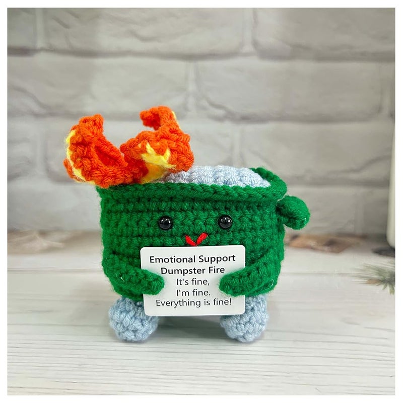 RovyFota Emotional Support Crochet Dumpster Fire with Positive Card Cute Room Decor Knitted Toys Funny Crochet Support Buddies Gifts for Friends (Green) - Image 1