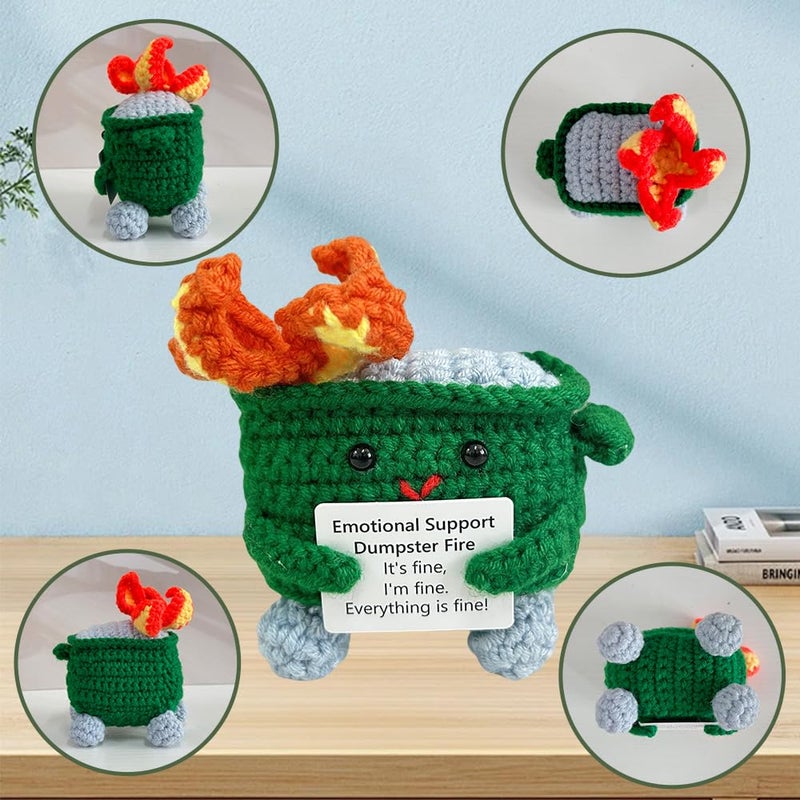 RovyFota Emotional Support Crochet Dumpster Fire with Positive Card Cute Room Decor Knitted Toys Funny Crochet Support Buddies Gifts for Friends (Green) - Image 2
