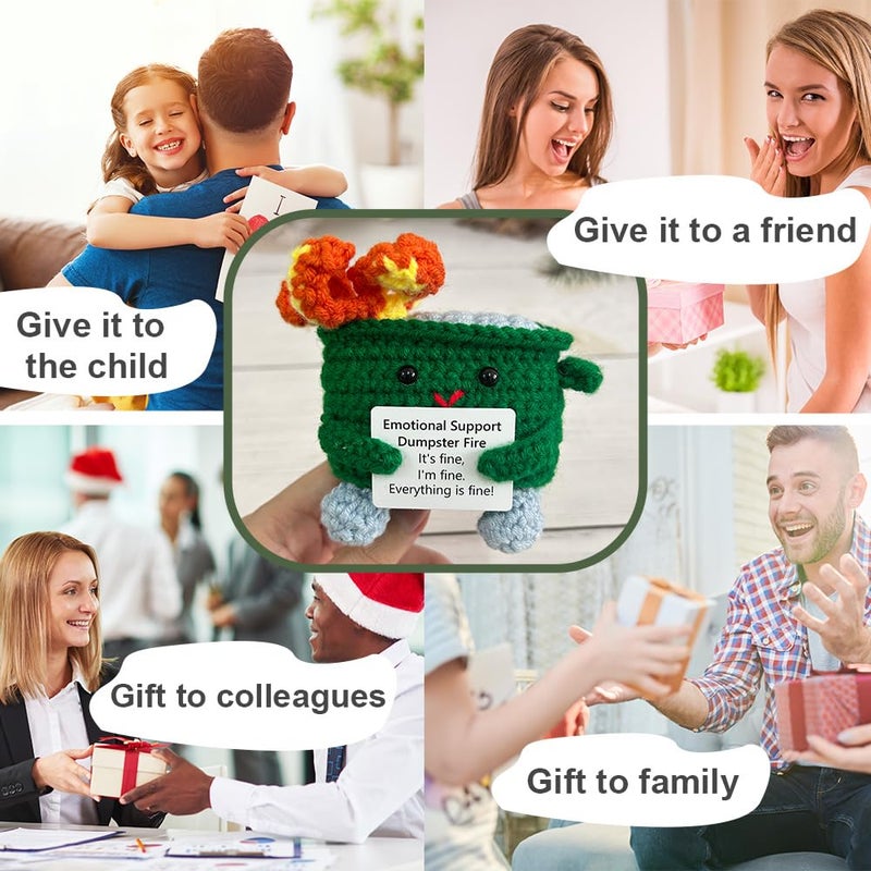 RovyFota Emotional Support Crochet Dumpster Fire with Positive Card Cute Room Decor Knitted Toys Funny Crochet Support Buddies Gifts for Friends (Green) - Image 4