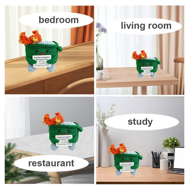 RovyFota Emotional Support Crochet Dumpster Fire with Positive Card Cute Room Decor Knitted Toys Funny Crochet Support Buddies Gifts for Friends (Green) - Image 3