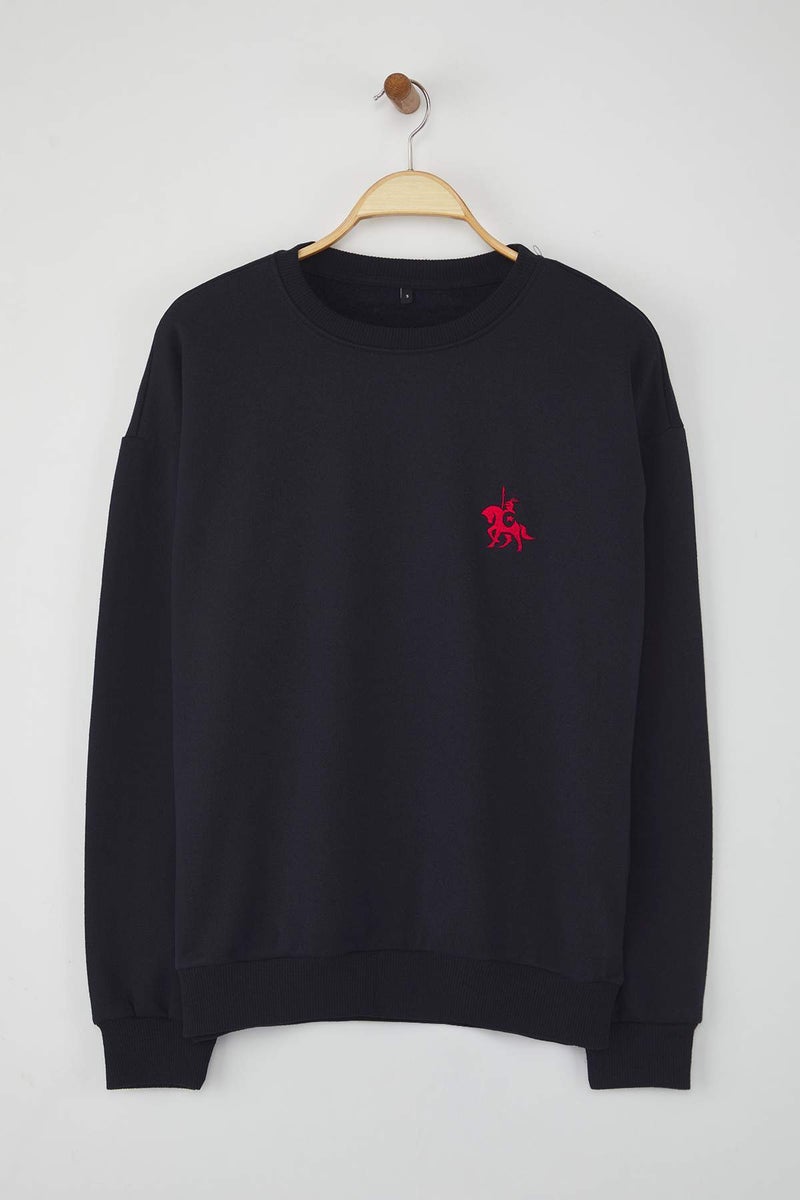 trendyol Navy Blue Oversize/Wide Cut Long Sleeve Horse Embroidered Sweatshirt - Image 5