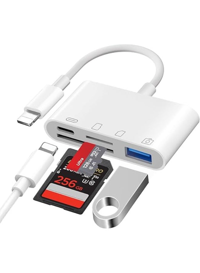 4-in-1 SD Card Reader for iPhone/iPad - USB OTG Adapter + Simultaneous Charging - Portable & Easy-to-Use Camera Memory Card Viewer - Image 1