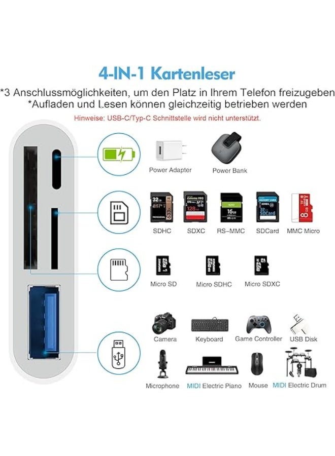 4-in-1 SD Card Reader for iPhone/iPad - USB OTG Adapter + Simultaneous Charging - Portable & Easy-to-Use Camera Memory Card Viewer - Image 2
