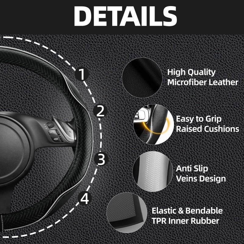 NBTEPEM 6 PCS Car Steering Wheel Cover Set, Microfiber Leather Steering Wheel Covers Universal 14.5-15 inch, Center Console Cover, Seat Belt Cushion, Cup Coaster, Car Accessories Set Black Gray - Image 3