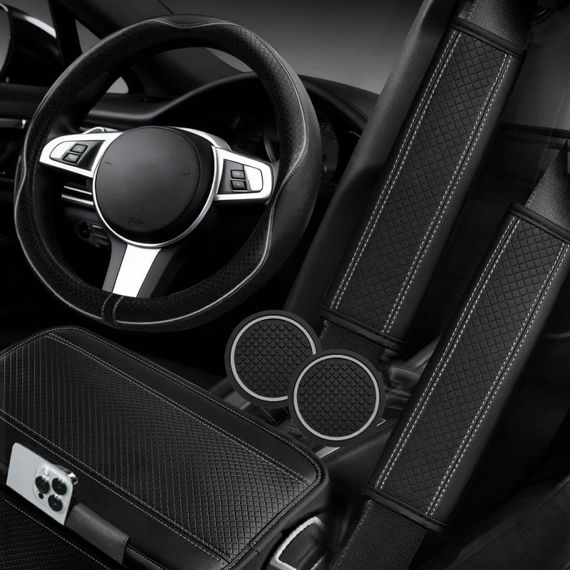 NBTEPEM 6 PCS Car Steering Wheel Cover Set, Microfiber Leather Steering Wheel Covers Universal 14.5-15 inch, Center Console Cover, Seat Belt Cushion, Cup Coaster, Car Accessories Set Black Gray - Image 1