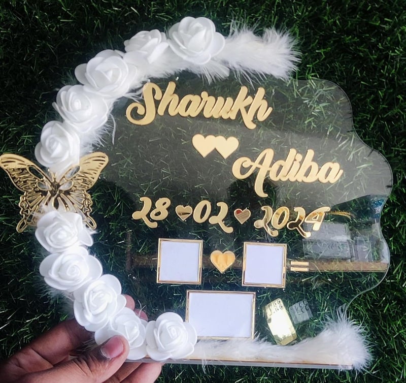 Custom Inventoo Couple Thumb Impression Gift Wedding Thumb Print Couple Best Gift Finger Print Gift Personalized Text Golden Metal Design Round Shape With Flowder - Image 1