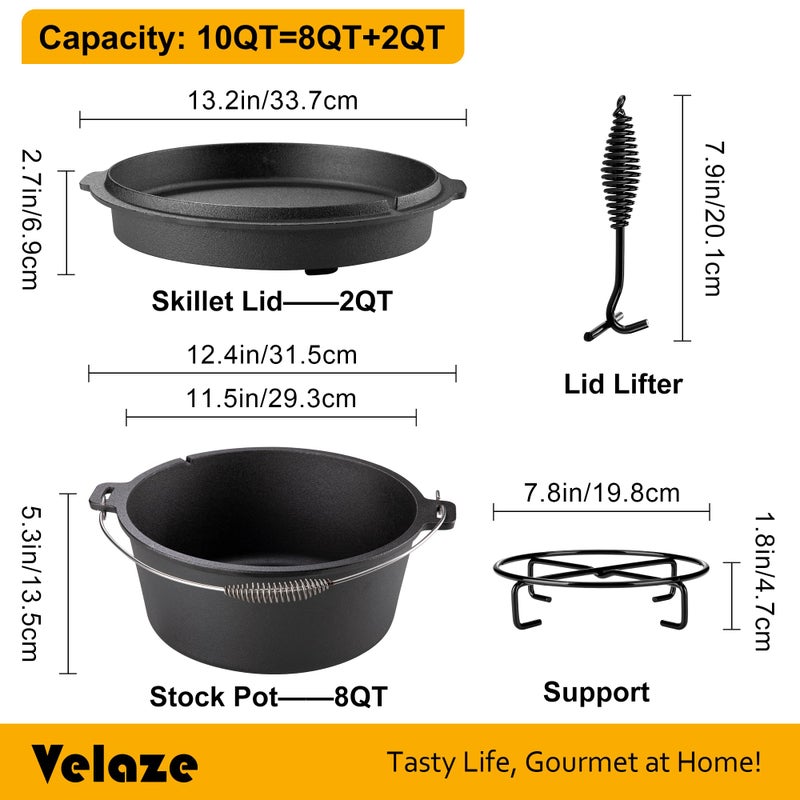 Velaze 10QT Camping Dutch Oven, Pre-Seasoned Cast Iron Camp Dutch Oven Pot with Lid, for Use in the Oven, on the Stove, Grill, or over the Campfire - Metal Handle, Lid Lifter, and Stand Support - Image 2