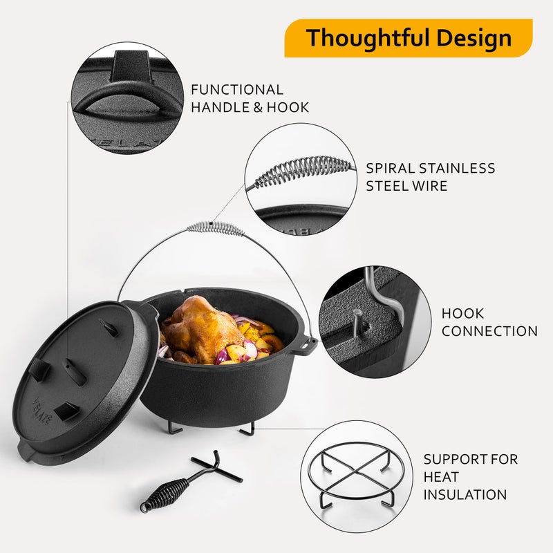 Velaze 10QT Camping Dutch Oven, Pre-Seasoned Cast Iron Camp Dutch Oven Pot with Lid, for Use in the Oven, on the Stove, Grill, or over the Campfire - Metal Handle, Lid Lifter, and Stand Support - Image 5