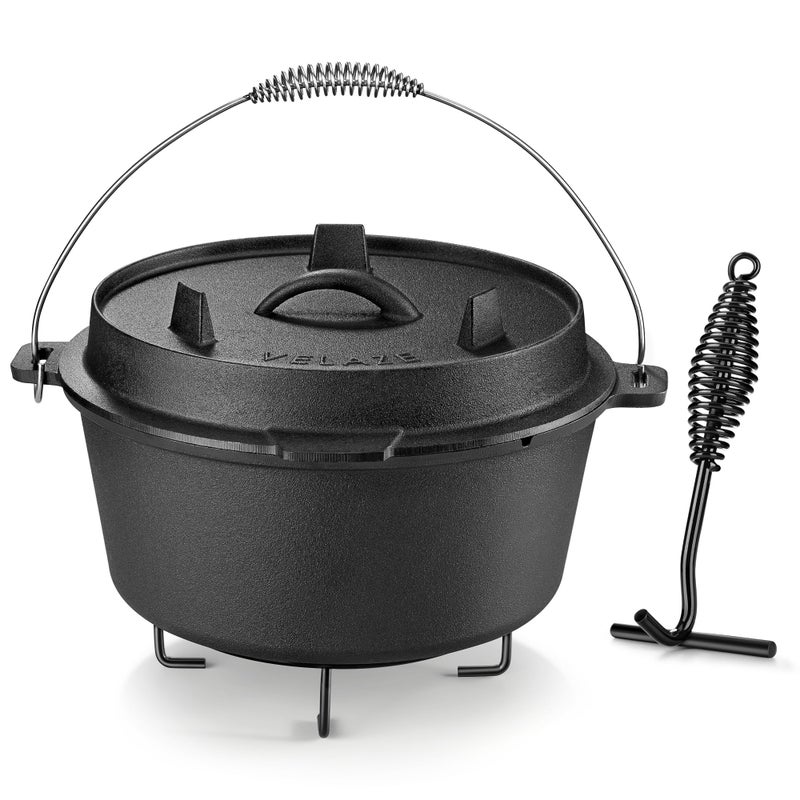 Velaze 10QT Camping Dutch Oven, Pre-Seasoned Cast Iron Camp Dutch Oven Pot with Lid, for Use in the Oven, on the Stove, Grill, or over the Campfire - Metal Handle, Lid Lifter, and Stand Support - Image 1