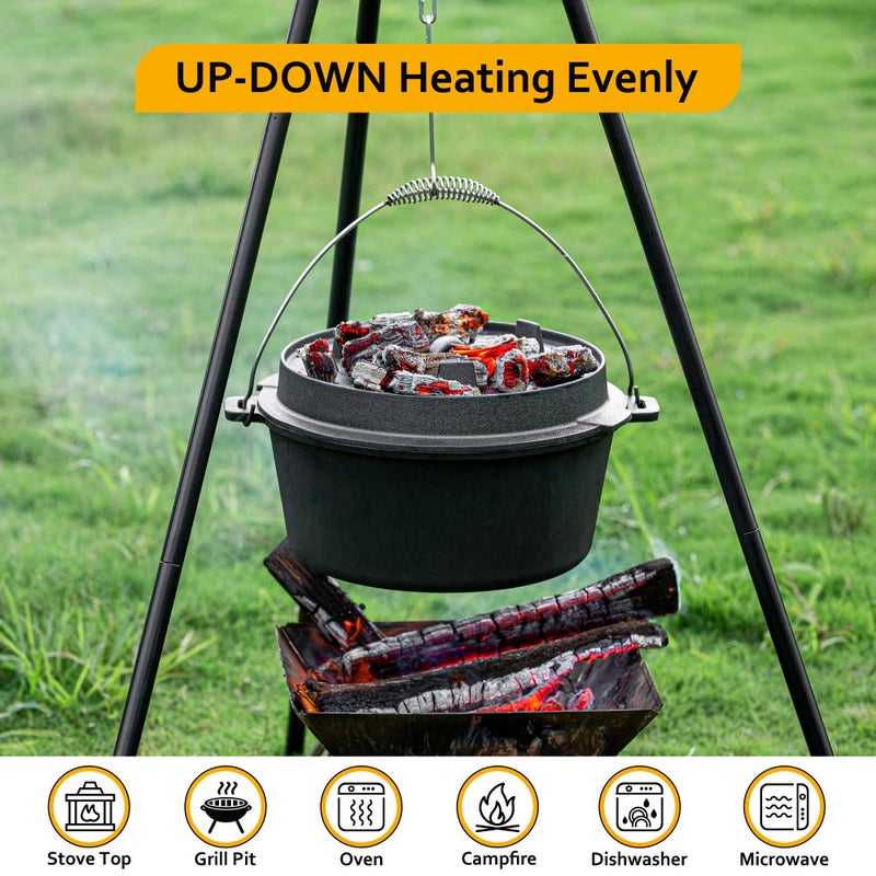 Velaze 10QT Camping Dutch Oven, Pre-Seasoned Cast Iron Camp Dutch Oven Pot with Lid, for Use in the Oven, on the Stove, Grill, or over the Campfire - Metal Handle, Lid Lifter, and Stand Support - Image 4
