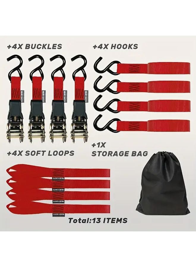Red Heavy Duty Ratchet Tie Down Straps 4pcs 15ft 1800lb Break Strength - Image 1