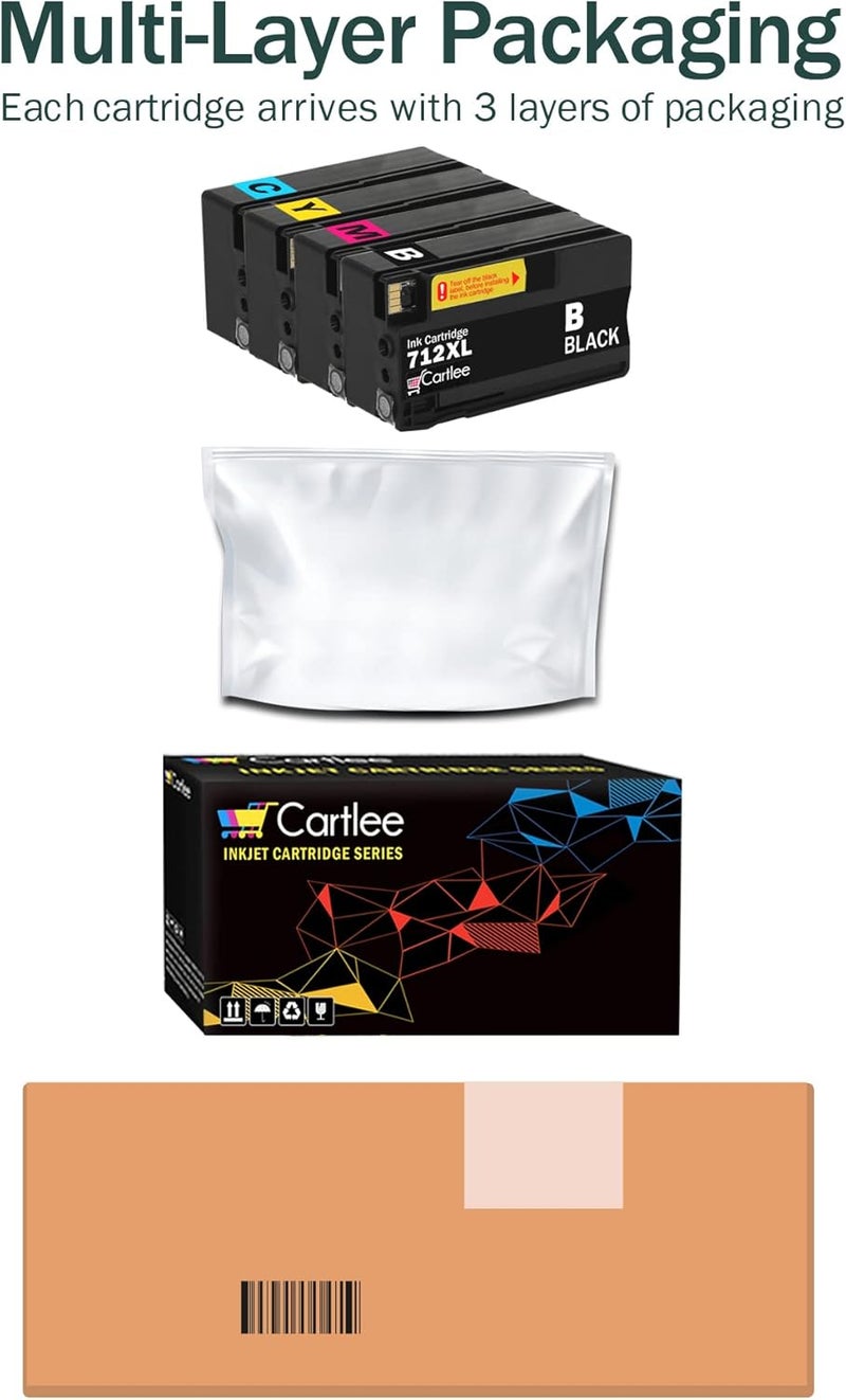 Cartlee خراطيش حبر متوافقة من بديلة لخراطيش HP 712 وHP 712XL لطابعات HP DesignJet T210 T230 T250 T630 T650 Studio Plotter (1 أسود، 1 سماوي، 1 أرجواني، 1 أصفر) - Image 5