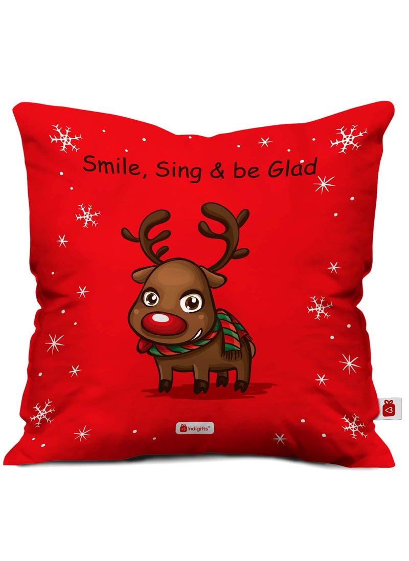 Indigifts Indigifts Christmas Reindeer Print Red Cushion Cover 12x12 with Filler (Xmas, Him, Boy, Girl, Dad, Mom, Friends, Family)  - Image 1
