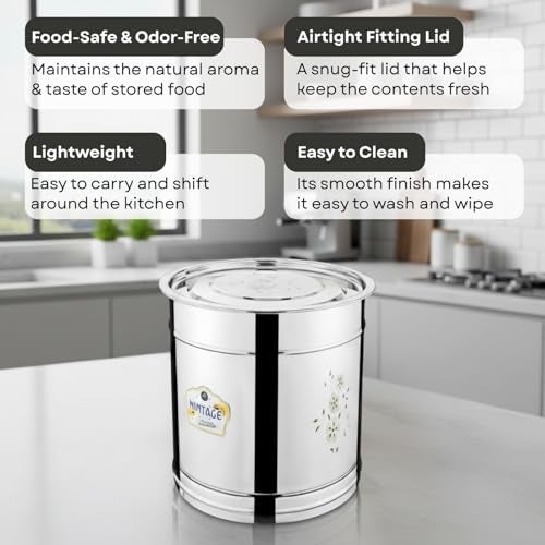 Mintage Pawali 5 Liters Stainless Steel lid Laser | Atta Drum 5kg | Water Storage Container | Rice Box Home Kitchen | Daal/Pulses Steel Dabba - Image 3
