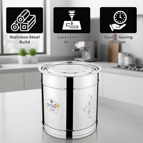 Mintage Pawali 5 Liters Stainless Steel lid Laser | Atta Drum 5kg | Water Storage Container | Rice Box Home Kitchen | Daal/Pulses Steel Dabba - Image 2