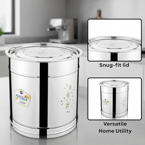 Mintage Pawali 5 Liters Stainless Steel lid Laser | Atta Drum 5kg | Water Storage Container | Rice Box Home Kitchen | Daal/Pulses Steel Dabba - Image 4
