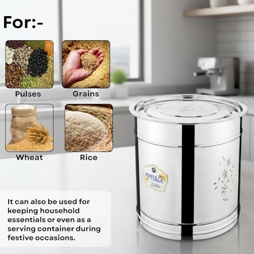Mintage Pawali 5 Liters Stainless Steel lid Laser | Atta Drum 5kg | Water Storage Container | Rice Box Home Kitchen | Daal/Pulses Steel Dabba - Image 5