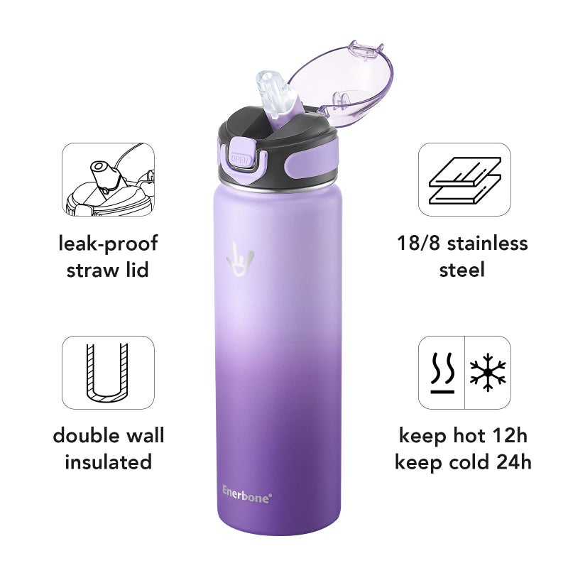Enerbone 24 oz Insulated Water Bottle, Stainless Steel Bottle with Carrying Strap, Double-Wall Vacuum Insulation Design, Leakproof Sports Bottle with Straw, Keep Drinks Cold or Hot for Hours - Image 2