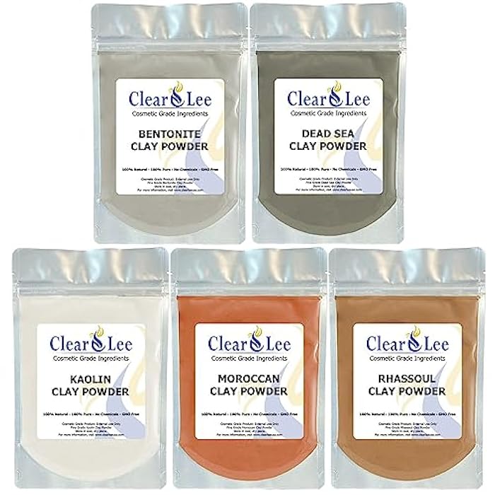 ClearLee Cosmetic Grade Clay Powders Variety Pack - Kaolin, Bentonite, Dead Sea, Moroccan, Rhassoul Clay - 5 Pack - 100% Pure Natural Powder - Great for Sampling and Discovering Best Clay for Skin - Image 1