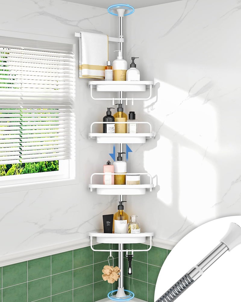 ALLZONE Rustproof Shower Caddy Corner for Bathroom Tension Corner Shower Caddy Tension Pole Solid Shower Organizer with 4 Adjustable Shower Shelves Shower Rack Fit Heights 34 to 116 InchesWhite