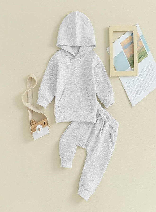 Lukivech Toddler Baby Boy Girl Clothes Solid Color Hoodie Sweatshirt Top and Jogger Pants Set 2 Piece Fall Winter Outfits (Gray, 12-18 Months) - Image 2