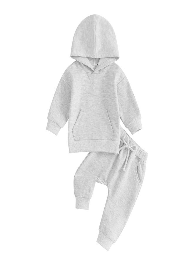 Lukivech Toddler Baby Boy Girl Clothes Solid Color Hoodie Sweatshirt Top and Jogger Pants Set 2 Piece Fall Winter Outfits (Gray, 12-18 Months) - Image 1