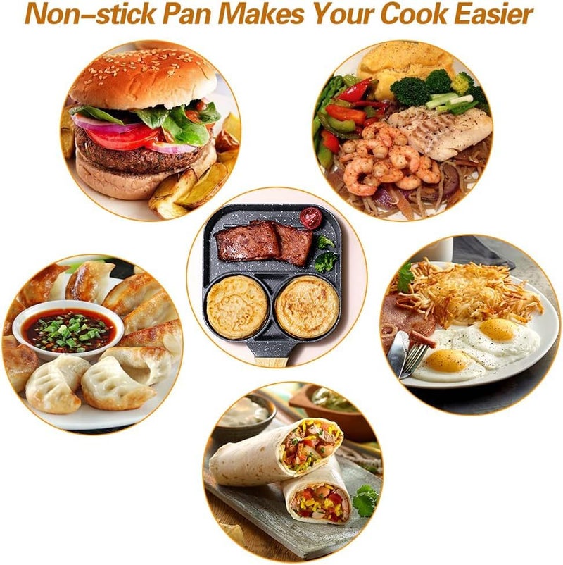 MANIBAM IMPEX 4 in 1 Egg Frying pan Non Stick Small Egg Poacher pan Half Fry pan for Omelets uttapam Pancake Multi Cavity pan with Wooden Handle (Pack of 1) (Egg Frying Pan with 3 Partition, Medium) - Image 4