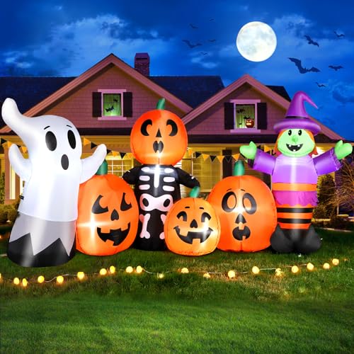 FunFanso 8FT Length Halloween Inflatables Pumpkin Outdoor Decoration, Witch, Ghost, with Blow Up Pumpkin Inflatables Decorations Built-in LED Lights & Powerful Air Blower for Party Garden Halloween Decor - Image 1