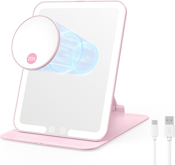 FOLDABLE TRAVEL MAKEUP MIRROR WITH LIGHTS AND 20X MAGNIFICATION, RECHARGEABLE TABLETOP LED VANITY MIRROR WITH ADJUSTABLE STAND, 3-COLORED DIMMABLE LIGHTING, PORTABLE COSMETIC MIRROR, PINK