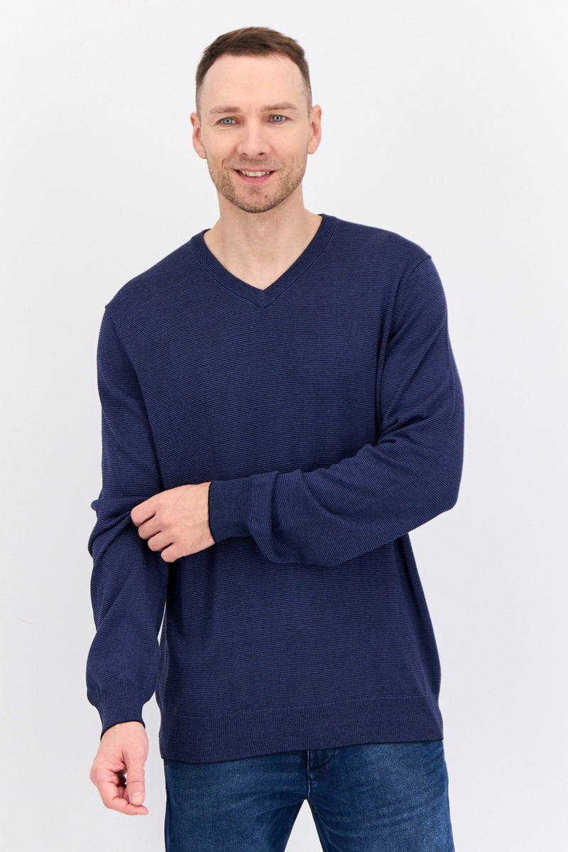 PERRY ELLIS Men V Neck Textured Long Sleeves Sweatshirt, Navy  - Image 1
