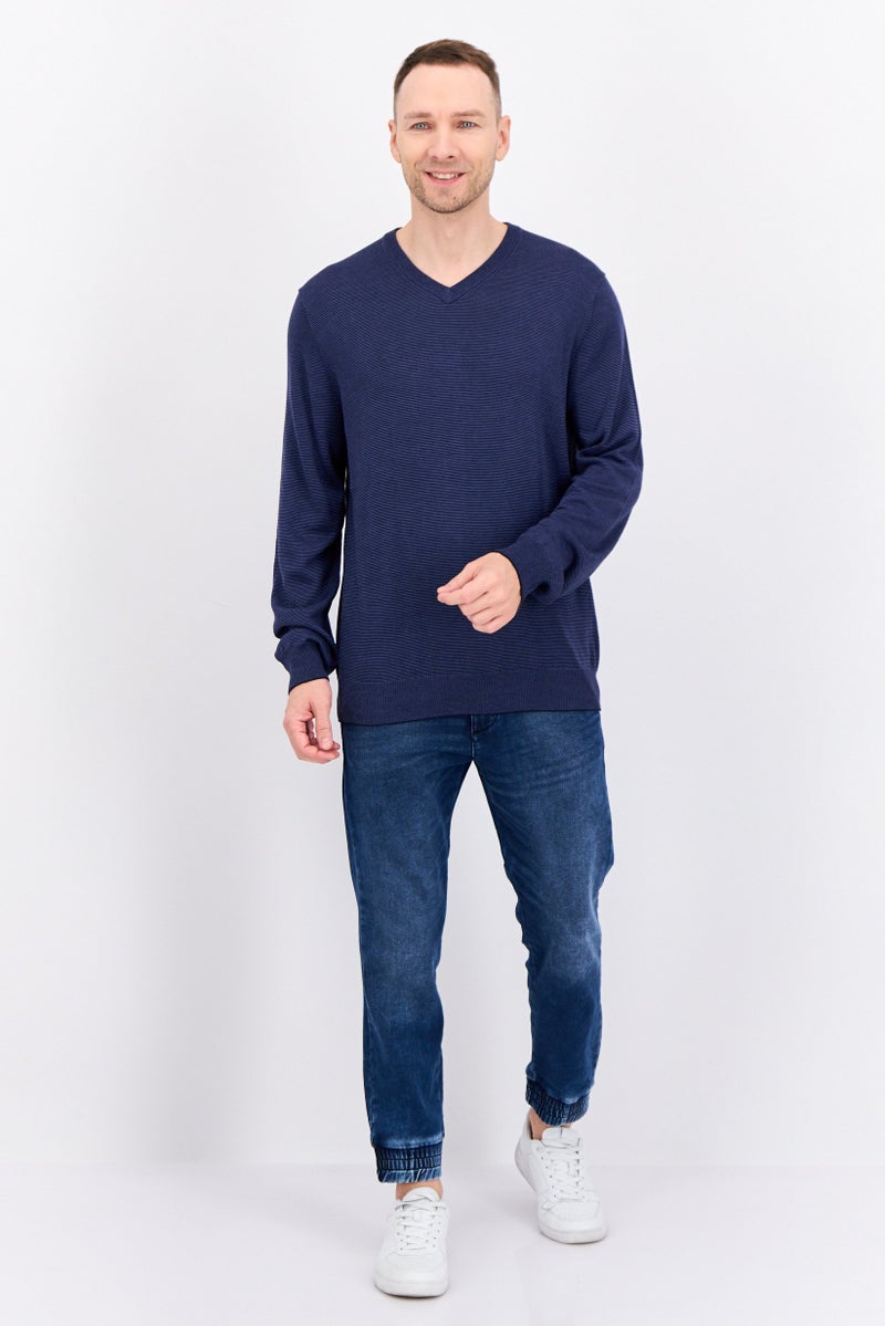 PERRY ELLIS Men V Neck Textured Long Sleeves Sweatshirt, Navy  - Image 4