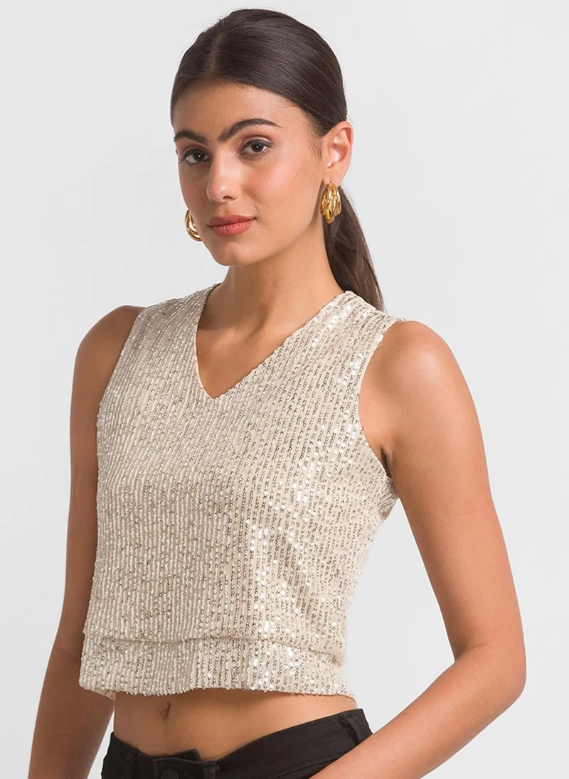 globus Women Cream-Coloured Embellished V-Neck Sequinned Top