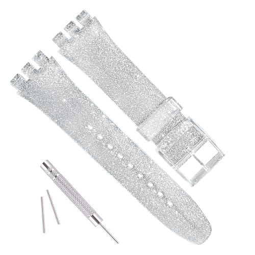 GREENOLIVE Ultra-thin Replacement Waterproof Silicone Rubber Watch Strap Watch Band for Swatch Skin Series（16mm） (Sparkle Silver) - Image 1