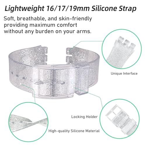 GREENOLIVE Ultra-thin Replacement Waterproof Silicone Rubber Watch Strap Watch Band for Swatch Skin Series（16mm） (Sparkle Silver) - Image 4