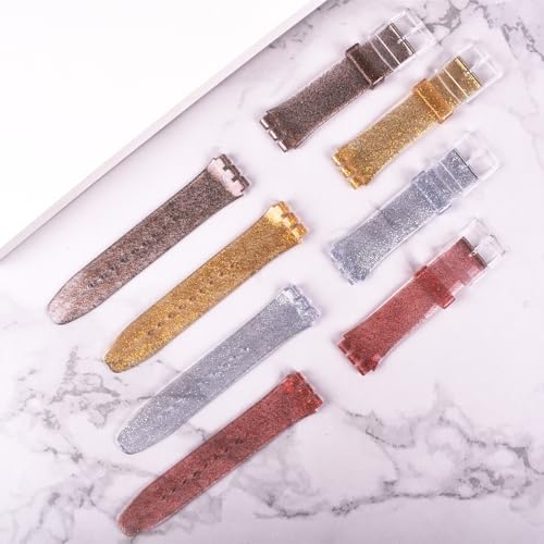 GREENOLIVE Ultra-thin Replacement Waterproof Silicone Rubber Watch Strap Watch Band for Swatch Skin Series（16mm） (Sparkle Silver) - Image 5