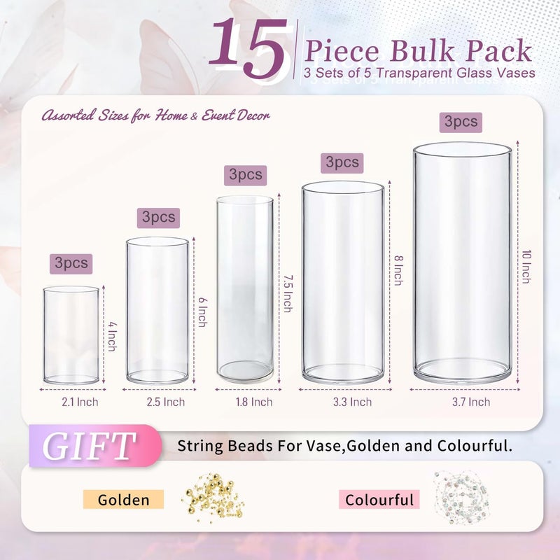 KRNDUMA 15pcs Glass Vase Cylinder Vases for Centerpieces Small Flower Glass Vases Home Decor Centerpiece Table Clear Flower Vase Decorations for Wedding＆Holiday 4,6,7.5,8,10 Inch Tall - Image 2