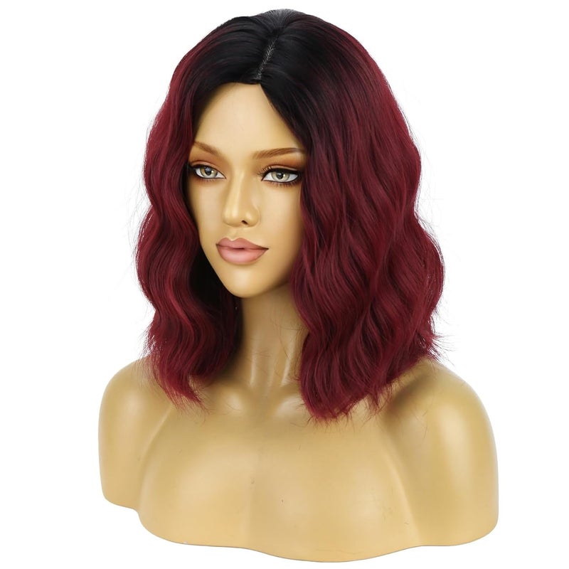 BERON 14 Inches Women Burgundy Ombre Wigs Girls Short Curly Bob Wavy Wig Wine Red Body Heat Resistant Synthetic Cosplay Daily Wigs - Image 1