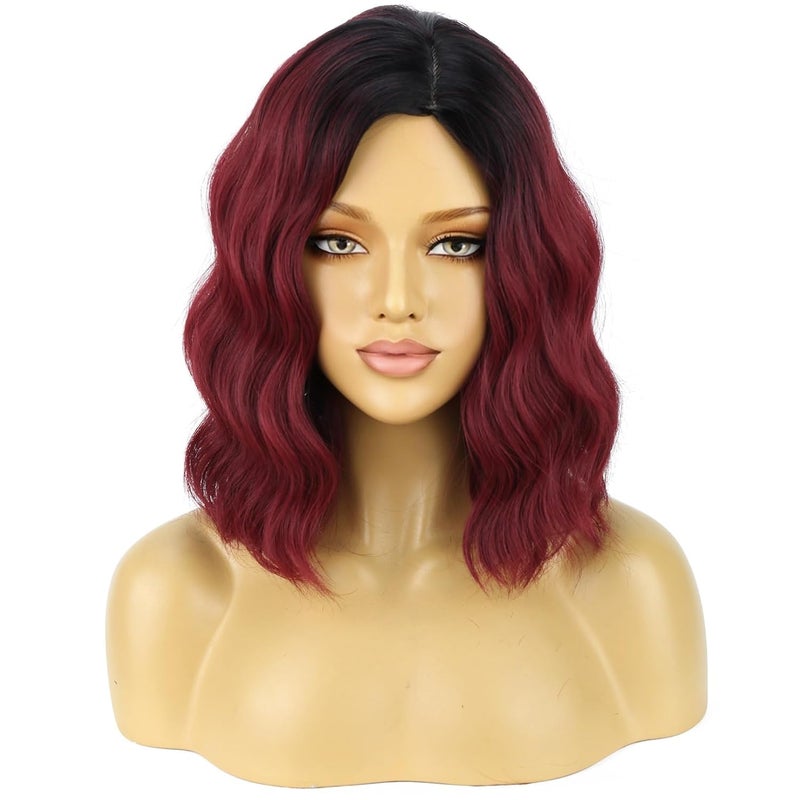 BERON 14 Inches Women Burgundy Ombre Wigs Girls Short Curly Bob Wavy Wig Wine Red Body Heat Resistant Synthetic Cosplay Daily Wigs - Image 2